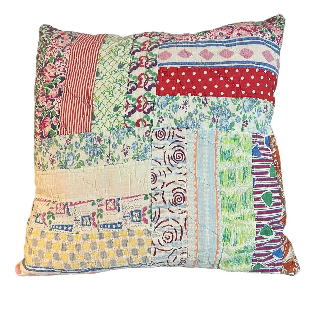 Patchwork Quilt Square Pillow Recycled Hand Sewn Throw Home Decor Accent